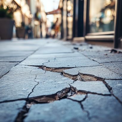 A cracked and uneven sidewalk in Fort Worth, Texas, creating a potential tripping hazard for pedestrians.
